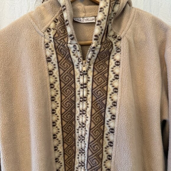 Nick & Sarah Plush Fleece Full Zip Up Hoodie Jacket Tan & Brown Boho Size Large - Picture 2 of 8
